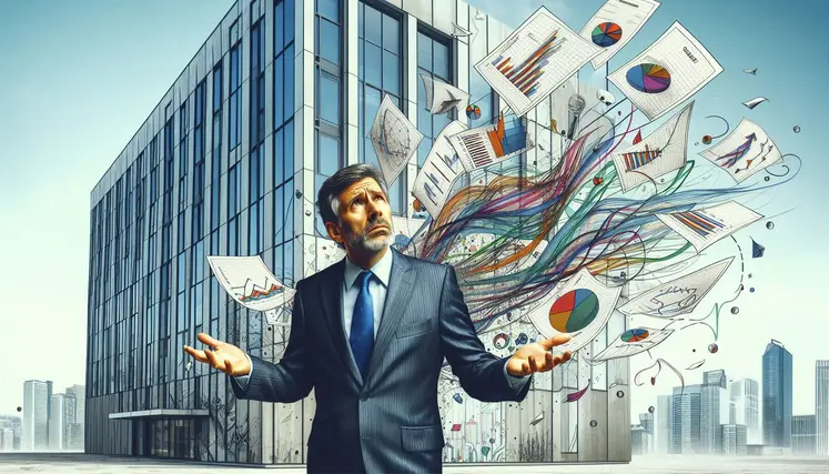 un chef d'entreprise quinquagénaire devant son bureau, qui a l'air perplexe. des feuilles avec des graphiques et courbes s'envolent.