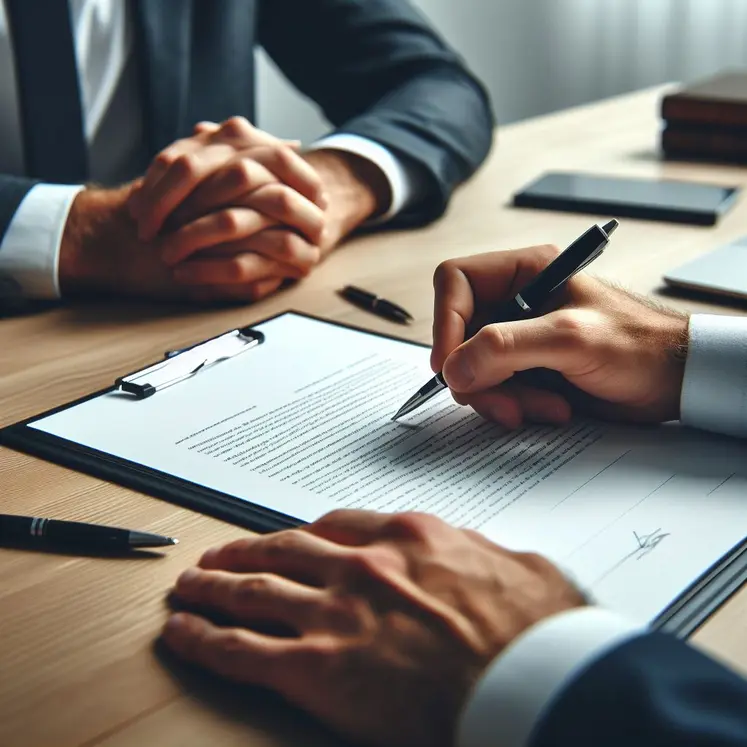 mains qui signent un contrat sur un bureau