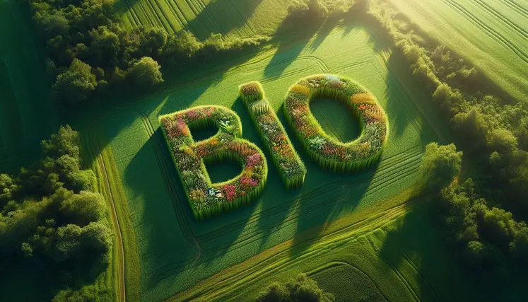 une photo d'un champ, le mot "BIO" est écrit avec des plantes, style photo aérienne