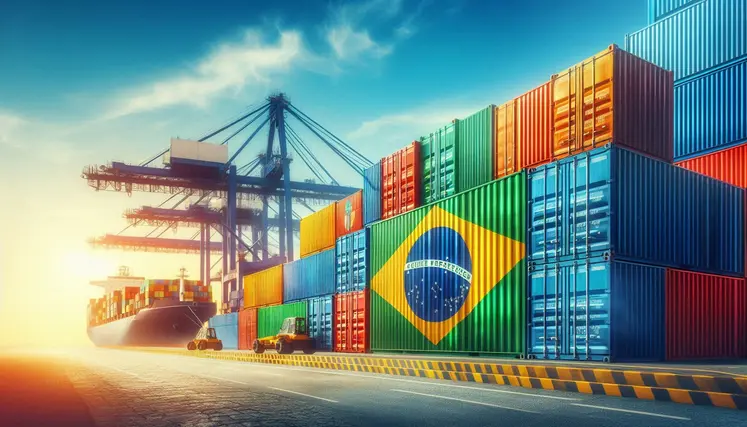 des conteneurs peints au couleurs du drapeau brésilien sur un quai d'un port de commerce.
