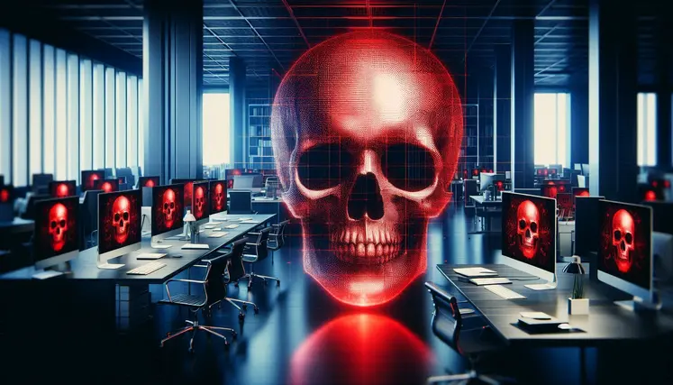 des ordinateurs d'entreprises. au premier plan, un filigrane tete de mort en rouge 