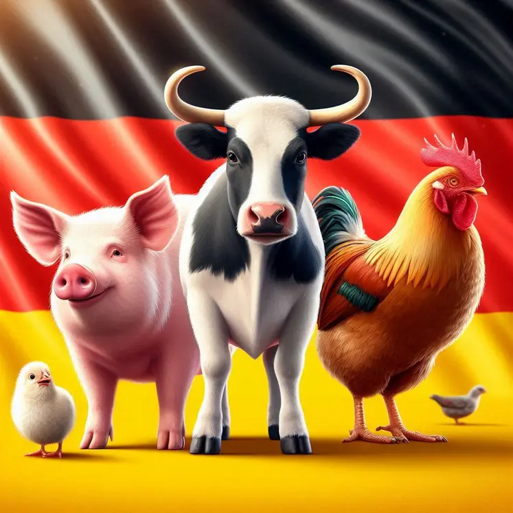 cochon vache et volaille devant le drapeau allemand