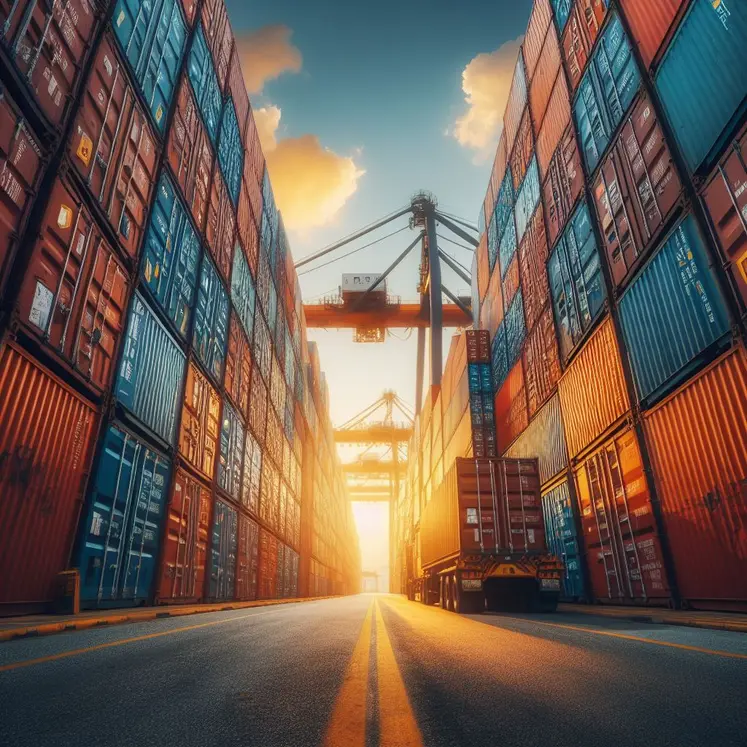 soleil couchant entre deux rangées de conteneurs dans un port