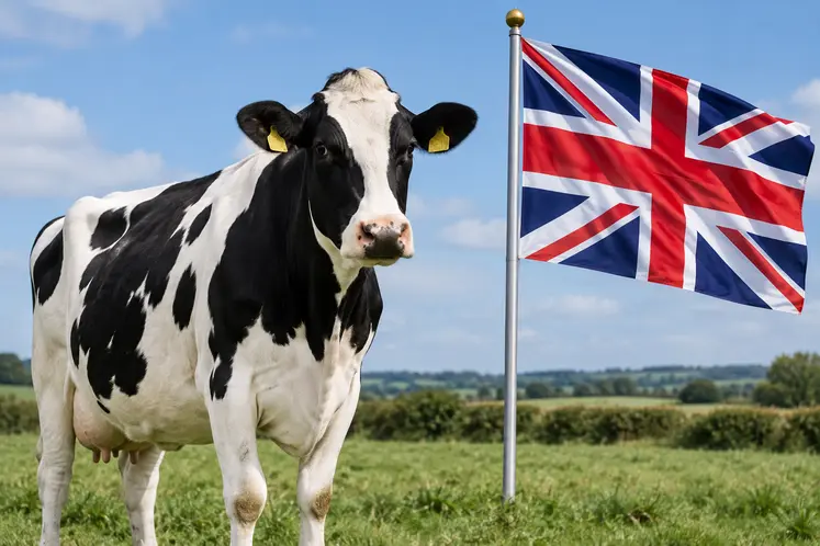 Vache et drapeau britannique à la campagne
