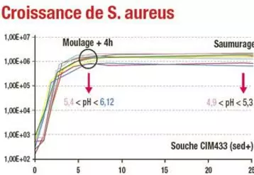 La croissance de S. aureus est exponentielle au cours des premières heures quels que soient les paramètres de fabrication. En revanche, l’induction du gène de l’entérotoxine est fonction des paramètres de maturation du lait, notamment la température.