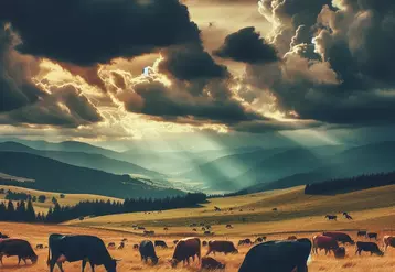 Des vaches broutent sur une prairie  sous un ciel orageux.