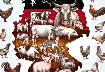 une carte de l’Allemagne, en filigrane des vaches, des porcs, des poulets, des dinde