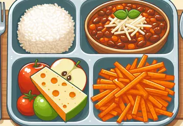 un plateau de cantine avec des carottes râpées, du chili con carne et du riz, un fromage, une pomme. style illustré