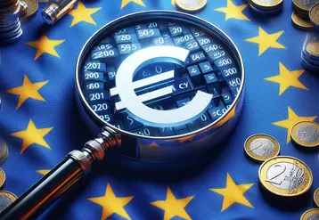 au premier plan, un drapeau européen, en son centre, une loupe, on y voit des chiffres et des euros 