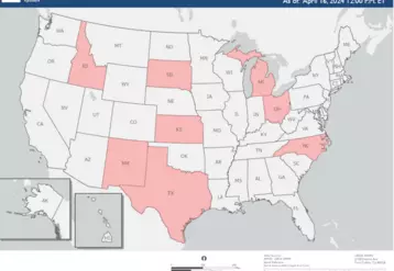 Carte des états ayant rapporté des cas de grippe aviaire chez des bovins