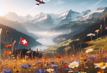 une prairie fleurie avec des insectes, des montagnes en arrière plan, dans le ciel un avion qui tire le drapeau suisse