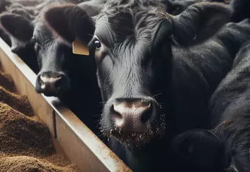 des bovins noirs dans un feedlot aux etats-unis, style photo
