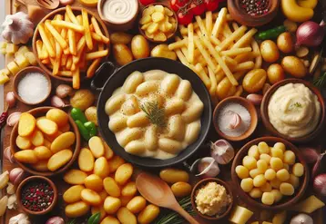 gnocchis, chips, frites, purée, pommes de terre sautées, recouvrent entièrement l'image 