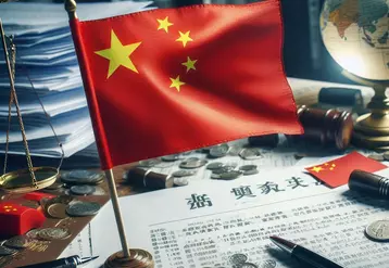 un drapeau chinois qui flotte au vent, en arrière plan des papiers et réglement