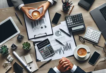 un bureau avec des oridnateurs, des mains, vue de haut, du café