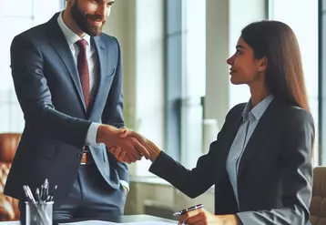 dans un bureau, un homme d'affaires en costume serre la main à une femme d'affaires pour conclure une négociation