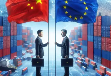 "An intense standoff between two business figures, one representing China (holding a red flag with a yellow star) and the other representing the European Union (holding a blue flag with yellow stars), in front of a background showing global trade routes and shipping containers."