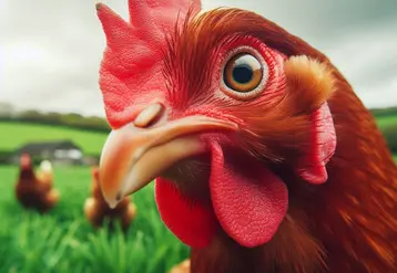 poule rousse dans un champ vu de prés