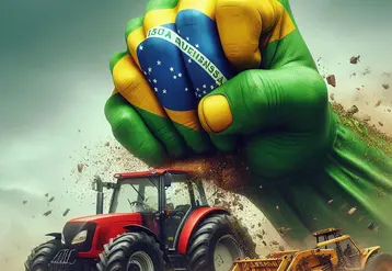 un poing géant aux couleurs du brésil écrase un tracteur