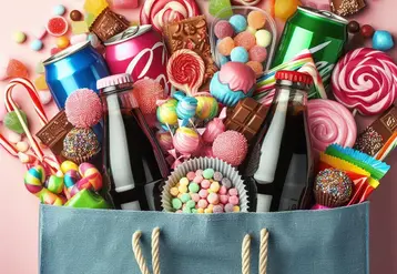 un sac de courses qui déborde de confiseries, bonbons, chocolats, bouteilles de soda