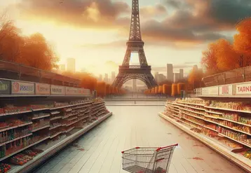 un supermarché à Paris sans rien à vendre, désert, en arrière plan la tour eiffel, en automne, style photographique