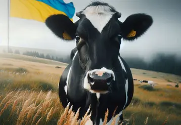 une vache noire et blanche dans une prairie, un drapeau ukrainien flotte derrière