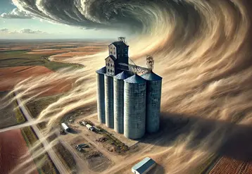 un silo à grain dans un paysage de sécheresse et de vent