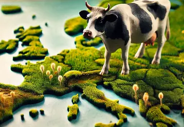 au sol, la carte de l'Europe sous forme de prairie. Dessus, une vache de race prim'holstein, style photographique