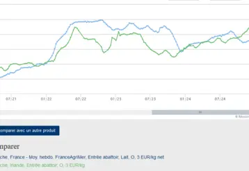 Comparaison des prix des vaches lait O en France et en Irlande, graphique