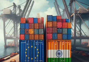 Drapeau union européenne et indiens sur des conteneurs dans un port