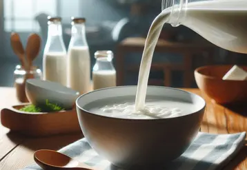 gros plan sur une bouteille de lait qui coule dans un bol dans une cuisine