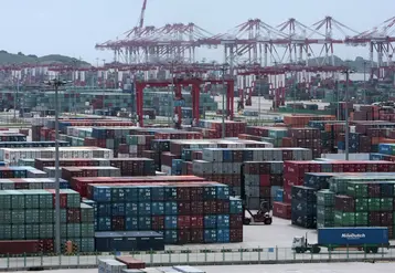 Terminal portuaire de containers au port en eaux profondes de Yangshan à Shangai. Empilement de conteneurs. 