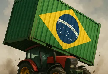 un conteneur aux couleurs du drapeau brésilien tombe sur un tracteur et l'écrase