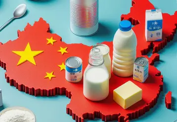 la carte de la Chine sur laquelle sont posés des packs de lait, de la poudre de lait, des bidons de lactosérum, des cubes de beurre