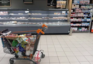 caddie rempli de courses au supermarché
