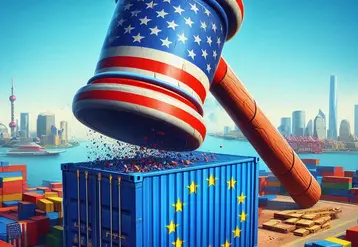 marteau au couleur du drapeau américain qui tape un conteneur au couleur du drapeau de l'ue