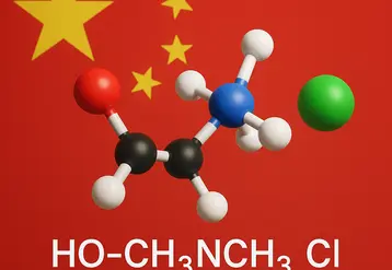 image d'une molécule de chlorure de choline devant un drapeau chinois