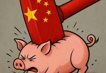 Un marteau aux couleurs du drapeau chinois qui écrase un cochon