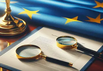 un document officiel avec une loupe et un drapeau européen en arrière plan