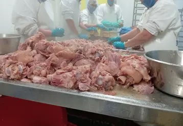 ouvriers de l'agroalimentaire devant de la viande