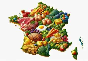 une carte de france, avec des images d'oeufs, de steaks, de légumes verts, de sucreries, de nuggets, de fruits 