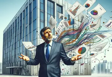 un chef d'entreprise quinquagénaire devant son bureau, qui a l'air perplexe. des feuilles avec des graphiques et courbes s'envolent.