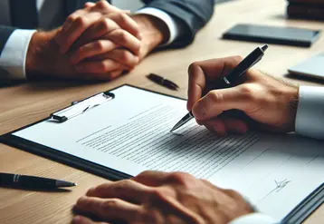 mains qui signent un contrat sur un bureau