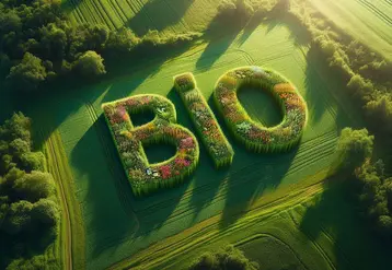 une photo d'un champ, le mot "BIO" est écrit avec des plantes, style photo aérienne