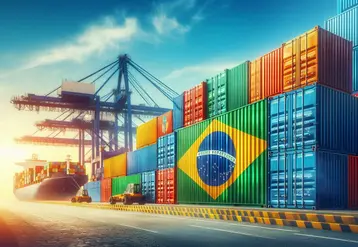 des conteneurs peints au couleurs du drapeau brésilien sur un quai d'un port de commerce.