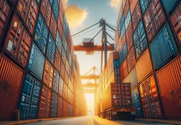 soleil couchant entre deux rangées de conteneurs dans un port