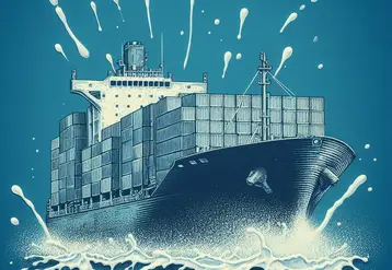 bateau porte conteneur dessiné en lait