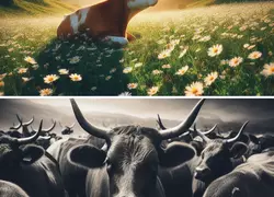 image divisée en deux. En haut, une vache dans une jolie prairie fleurie verte. En bas, des bœufs dans des feed lot, tons sombres. style photographique