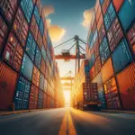 vue en contre plongée, dans une allée entre des conteneurs sur un port