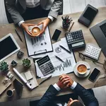 un bureau avec des oridnateurs, des mains, vue de haut, du café